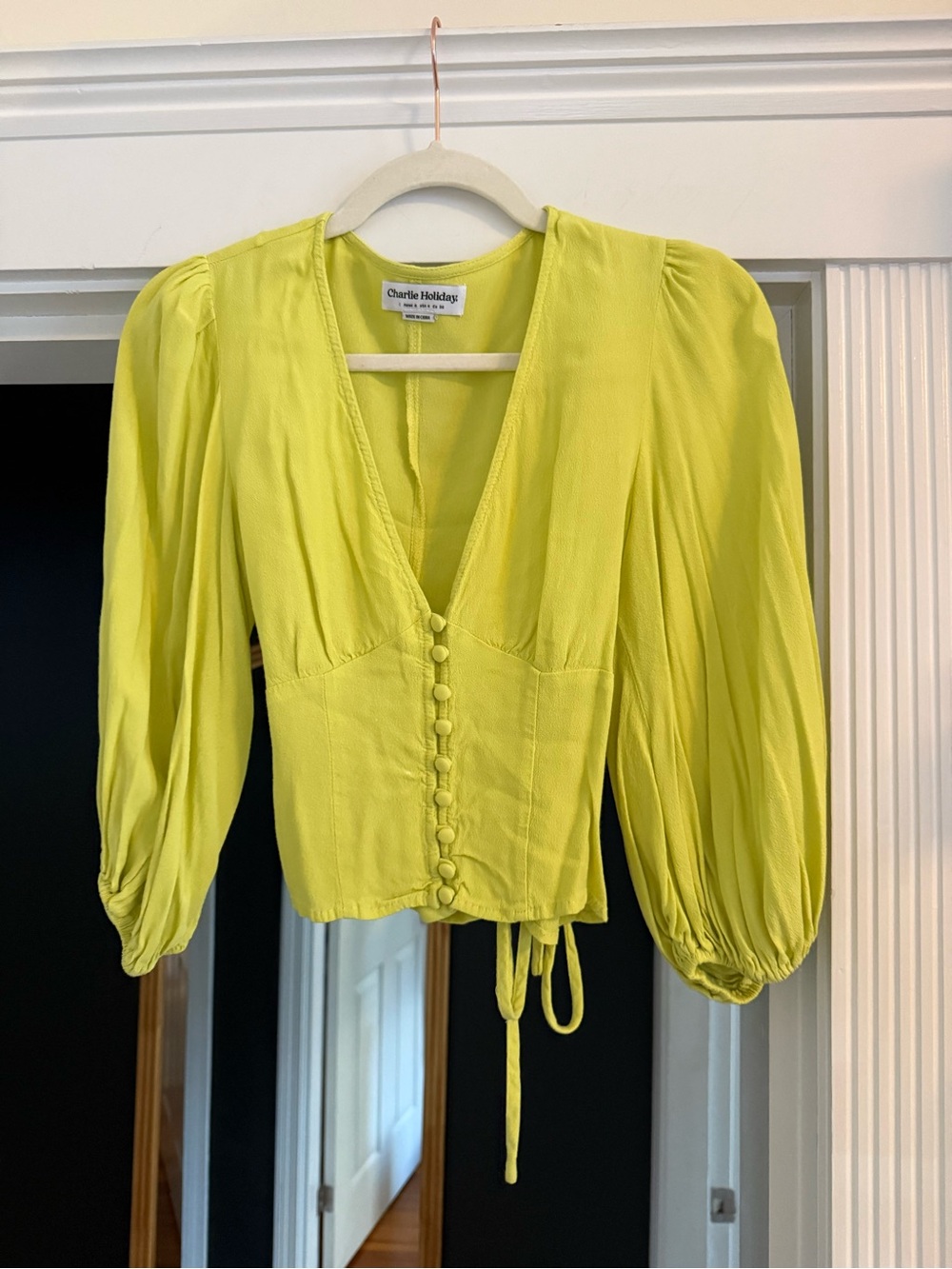 Charlie Holiday Bright Yellow V-Neck Puff Sleeve Button Front Top